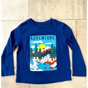 Kids “Adventure” tshirt, long sleeve blue w fun mountain & Bigfoot details! 4T